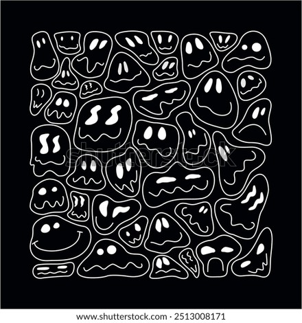 Funny melting smiles seamless pattern. linear art image. Lava lamp, water drops, trip style. Retro vintage color palette. Hand drawn abstract smile face melts, acid, trippy wallpaper print concept. 
