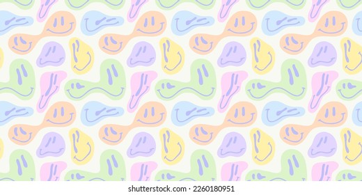 Funny fusión sonriente cara feliz colorido dibujos animados sin fisuras. Textura de fondo del icono de sonrisa del efecto de drogas psicodélicas retro. Papel tapiz de doodle a la moda.