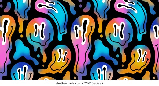Funny melting smiling happy face colorful cartoon seamless pattern. Retro psychedelic drug effect smile icon background texture. Trendy character doodle wallpaper.