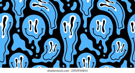 Funny fusión sonriente cara feliz colorido dibujos animados sin fisuras. Textura de fondo del icono de sonrisa del efecto de drogas psicodélicas retro. Papel tapiz de doodle a la moda.