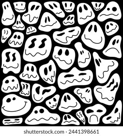 Funny melting smiling happy face seamless pattern. Retro psychedelic drug effect smile icon background texture. Trendy character doodle wallpaper. Vector black and white background