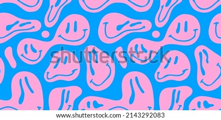 Funny melting smiling happy face colorful cartoon seamless pattern. Retro psychedelic drug effect smile icon background texture. Trendy character doodle wallpaper.