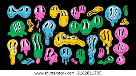 Funny melting smiling happy face colorful cartoon set. Retro psychedelic drug effect smile icon cllection on isolated background. Trendy character doodle graphic bundle.