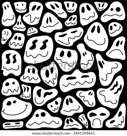 Funny melting smiling happy face seamless pattern. Retro psychedelic drug effect smile icon background texture. Trendy character doodle wallpaper. Vector black and white background