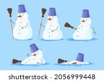 Funny melting steps snowman set vector flat illustration. Collection of cute fairy tale Christmas character wearing bucket and broom covered by snow drops. Disappearing Xmas person at spring sunlight