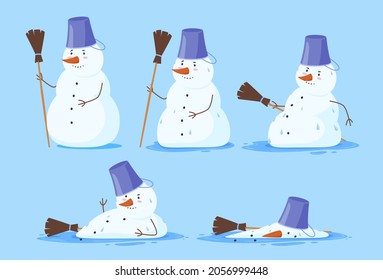 Funny melting steps snowman set vector flat illustration. Collection of cute fairy tale Christmas character wearing bucket and broom covered by snow drops. Disappearing Xmas person at spring sunlight