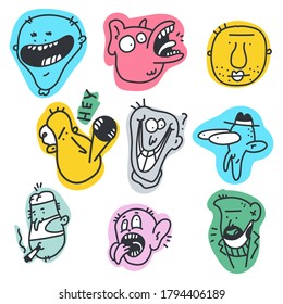 Funny meme face vector cartoon doodle set isolated on a white background.