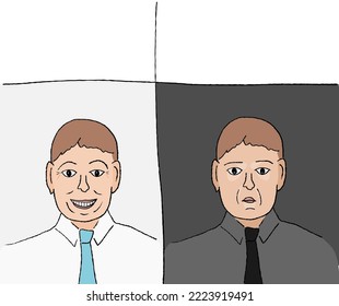 Funny meme template for social media sharing. Smiling office man and displeased serious face reaction.