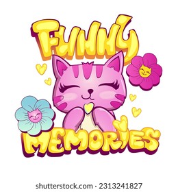 Recuerdos divertidos. Afiche de la tienda de los años 70 con flores, letras, dibujos animados de gatos. Cara de gatito sonriente. Caricatura tierna, personaje de león con caras de gatos, ojos de corazón, corazones. Mascota de impresión de caligrafía