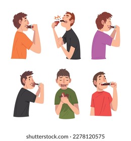 Funny men eating chocolate set. Funny male characters with mouth stained with chocolate. People addicted of sweets cartoon vector illustration