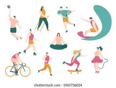 Funny men and women are engaged in different sports. Set. Physical activity, healthy lifestyle. Outdoor fitness. Vector illustration