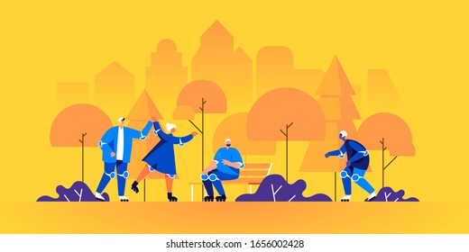 Funny men and women roller skating in park. People on roller skates performing recreational outdoor activity or sports exercise. Roller skaters on city street. Flat cartoon vector illustration.