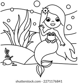 Funny mermaid cartoon characters vector illustration. For kids coloring book.