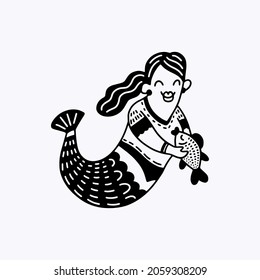 Funny mermaid with a fish in her hands in the style of doodles. Marine theme. Hand drawing of isolated objects on a white background. Vector illustration. Coloring book.