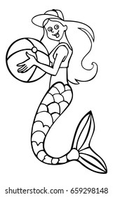 Funny mermaid is holding Inflatable ball. Cartoon drawing. Vector clip art.