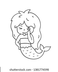 Funny mermaid makes faces and sticks out tongue. Cute cartoon character for emoji, sticker, pin, patch, badge. Vector outline illustration.