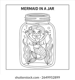 Funny mermaid making silly faces while floating in a jar