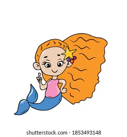 Funny mermaid with red hair, vector children's illustration on white isolated background. For banners, postcards and stickers,