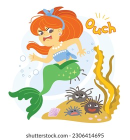 Funny mermaid sat on a sea urchins. Humor vector cartoon illustration in flat style isolated on a white background. For print, design, poster, sticker, card, decoration and t shirt design