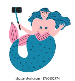 Funny mermaid underwater shooting at camera. Marine creature with phone in selfie stick monopod. Recording video blog. Taking a photo.  Fun flat style drawing. Creative stock vector illustration.