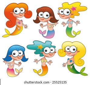 Funny mermaids. Cartoon and vector isolated characters