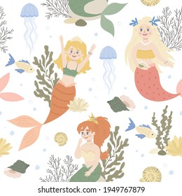 Funny mermaids and sea nature. Cute kids marine texture for fabric, wrapping, textile, wallpaper, apparel.