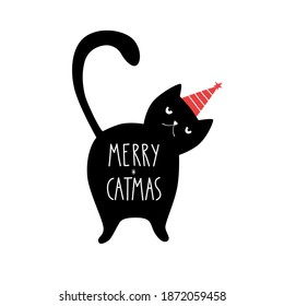 Funny Merry Christmas black cat with lettering - Merry catmas. Doodle cartoon style. Vector Christmas illustration. Holiday poster with  cartoon character. 