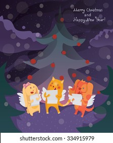 Funny Merry Christmas card with cat, dog and bunny singing Christmas songs under the spruce in the night. Vector illustration, cute, kind, happy.