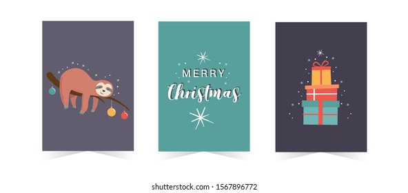 Funny Merry Christmas card with cute sloth. Colorful gift box with ribbon and bow. Happy New Year print
