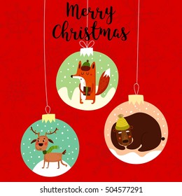 Funny Merry Christmas card.Stylish holiday card with cute fox,deer and bear in vector. Bright cartoon background with holiday decoration.- stock vector