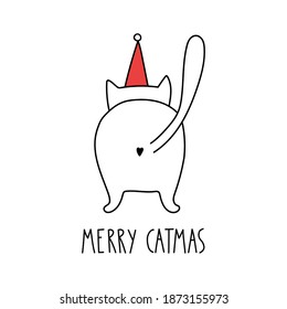 Funny Merry Christmas cat with lettering - Merry catmas. Doodle cartoon style. Vector Christmas illustration. Holiday hand drawn image. Holiday poster with  cartoon character. 