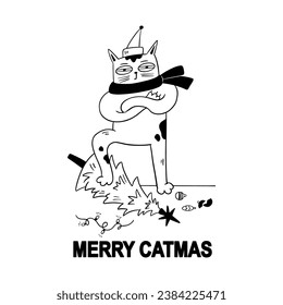 Funny Merry Christmas cat with lettering - Merry catmas. Doodle cartoon style. Vector Christmas illustration. Holiday poster with cartoon character