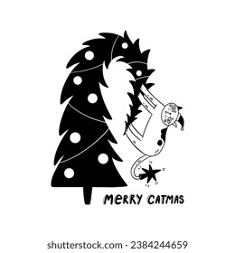 Funny Merry Christmas cat with lettering - Merry catmas. Doodle cartoon style. Vector Christmas illustration. Holiday poster with cartoon character