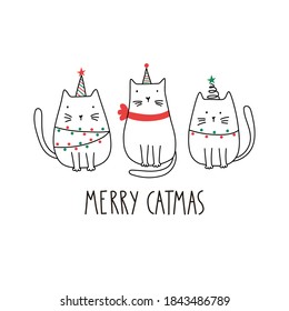 Funny Merry Christmas cats with lettering - Merry catmas. Doodle cartoon style. Vector Christmas illustration. Holiday poster with  cartoon character. 