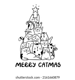 Funny Merry Christmas cats with lettering - Merry catmas. Doodle cartoon style. Vector Christmas illustration. Holiday poster with cartoon character.