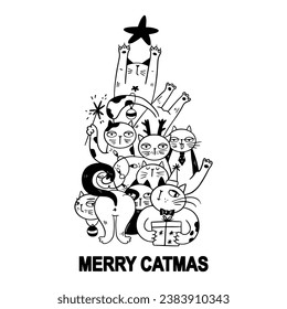 Funny Merry Christmas cats with lettering - Merry catmas. Doodle cartoon style. Vector Christmas illustration. Holiday poster with cartoon character