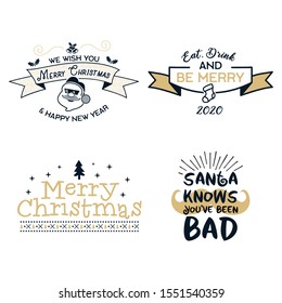 Funny Merry Christmas graphic prints set, t shirt designs for xmas party. Holiday decor with xmas tree, santa, texts and ornaments. Fun typography. Stock vector