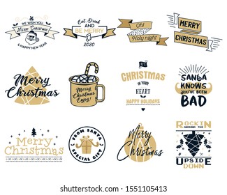 Funny Merry Christmas, Happy New Year graphic prints set, t shirt designs for xmas party, cricuts. Holiday decor with xmas tree, santa, mug, texts and ornaments. Fun typography. Stock vector