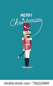 Funny 'Merry Christmas' postcard or banner design with nutcracker shouting out a greeting. Flat vector illustration on nutcracker character