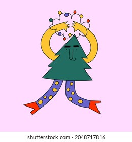 funny merry christmas tree. Character for the new year. Psychedelic vibrant style. Dude with a garland.