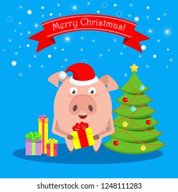 Funny merry pig character with bright boxes of gifts. For greeting cards and advertising for Christmas and New Year. Flat vector illustration.