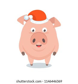 Funny merry pig in Santa Claus hat, a character for greeting cards and advertising for Christmas and New Year.
