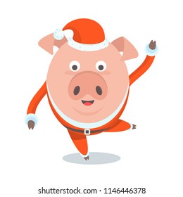 Funny merry pig in Santa Claus costume, a character for greeting cards and advertising for Christmas and New Year.