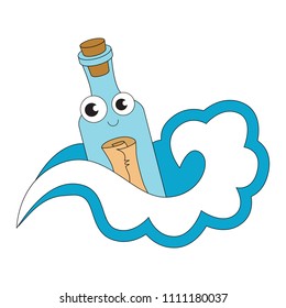 Funny Message in a bottle cartoon. Outlined illustration with thin line black stroke