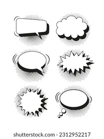 Formas de mensajes divertidas. Burbujas de discurso de caricatura. Globos de arte pop cómico con sombra de medio tono. Las estrellas rompen nubes. Juego de nubes de chats con puntos. Ilustración vectorial.