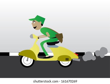 funny messenger boy riding yellow scooter on street vector images