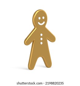 Funny metallic gingerbread man slim isometric Christmas bauble golden decorative design vector illustration. Cute luxury Xmas toy smiling fairy tail character traditional winter holiday decor isolated