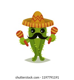 Funny Mexican cactus with black mustache. Succulent plant in sombrero hat and maracas in hands. Flat vector for greeting card.