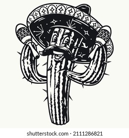 Funny Mexican cactus with mustache wearing sombrero playing maracas in monochrome style, vector illustration