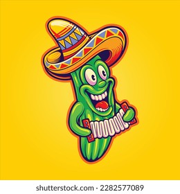 Funny mexican cactus playing accordion sombrero hat cinco de mayo logo illustrations vector for your work logo, merchandise t-shirt, stickers and label designs, poster, greeting cards advertising 